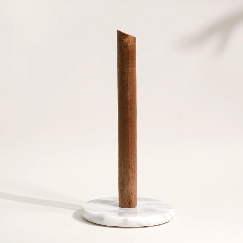 Paper Towel Holder With White Grey Marble Base And Natural Acacia Wood Pole
