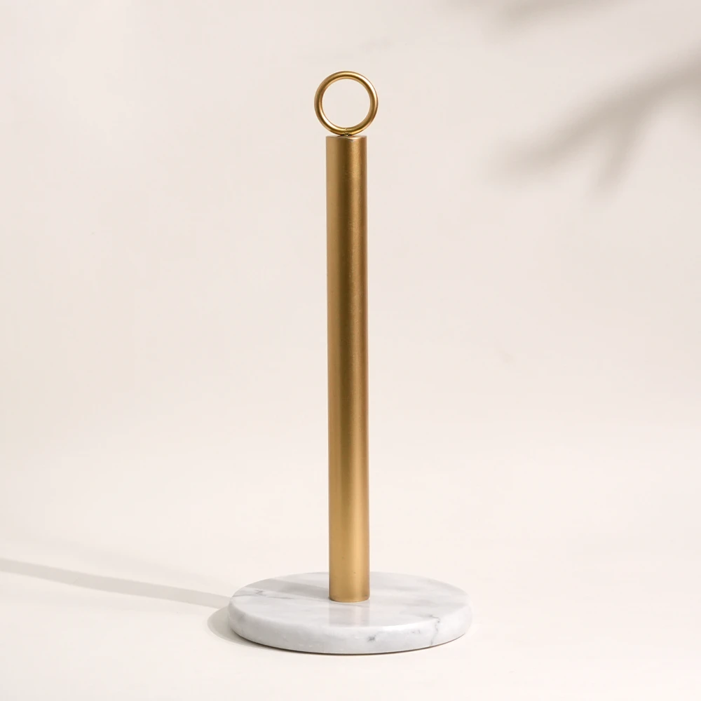 Paper Towel holder with round white grey marble base and golden SS Pole