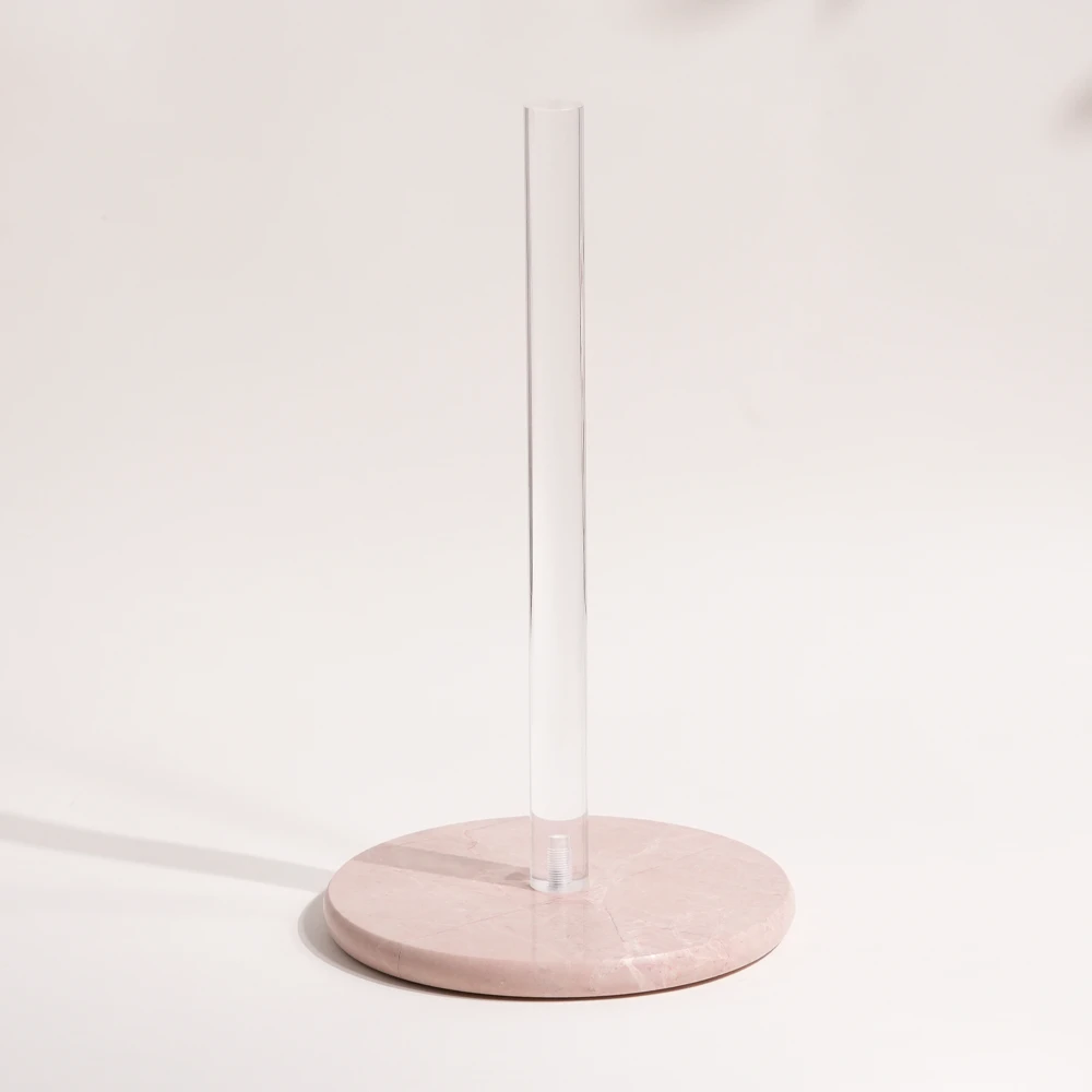Paper Towel holder with round pink marble base and  acrylic Pole