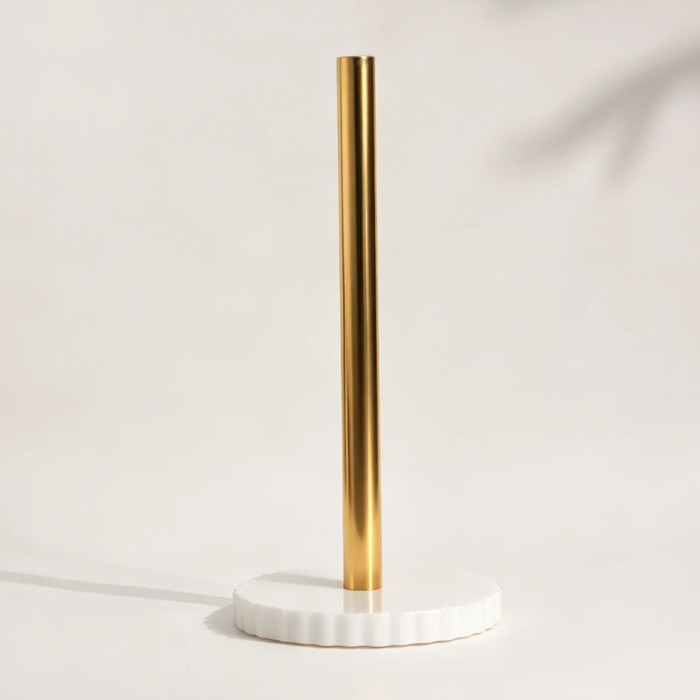 Paper Towel holder with scalloped white marble base and gold color SS Pole