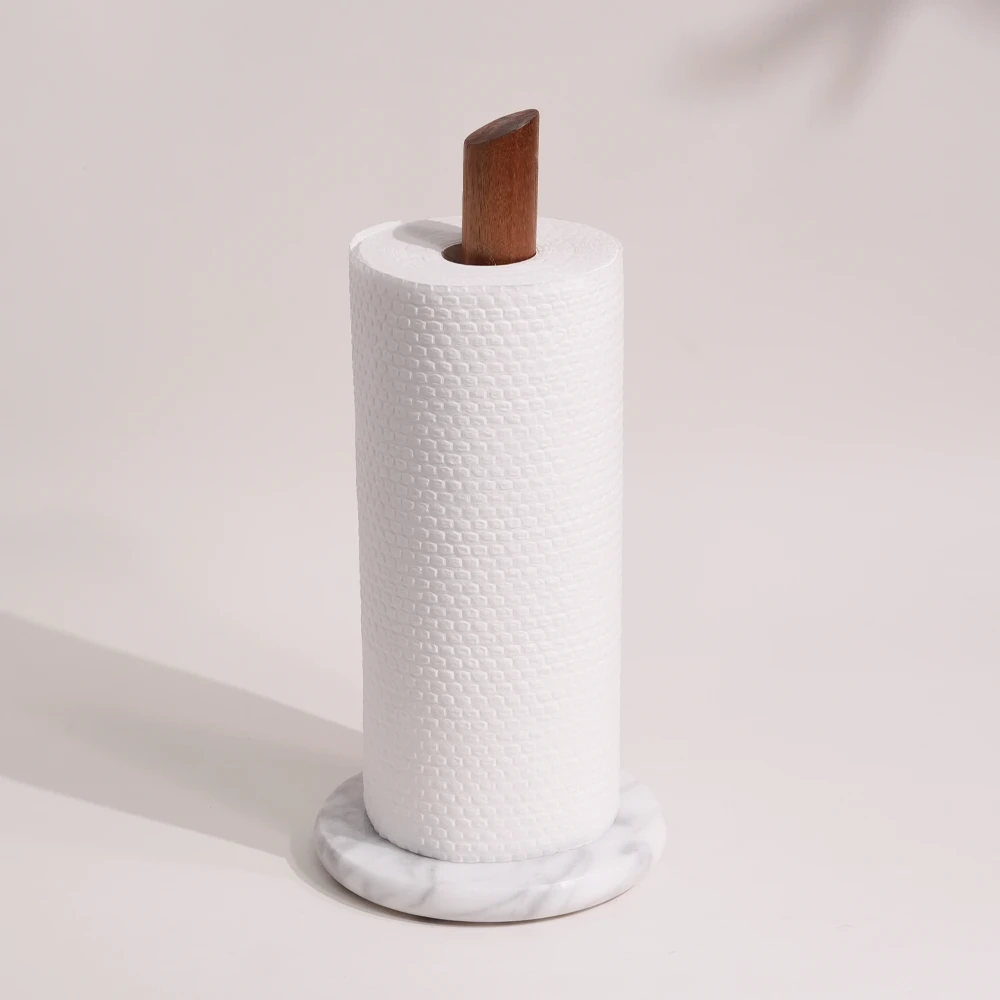Paper Towel holder with white grey marble Base and natural acacia wood Pole
