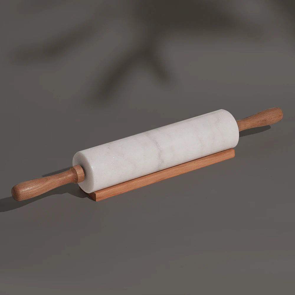 White Marble Rolling Pin With Beech Handles And Base