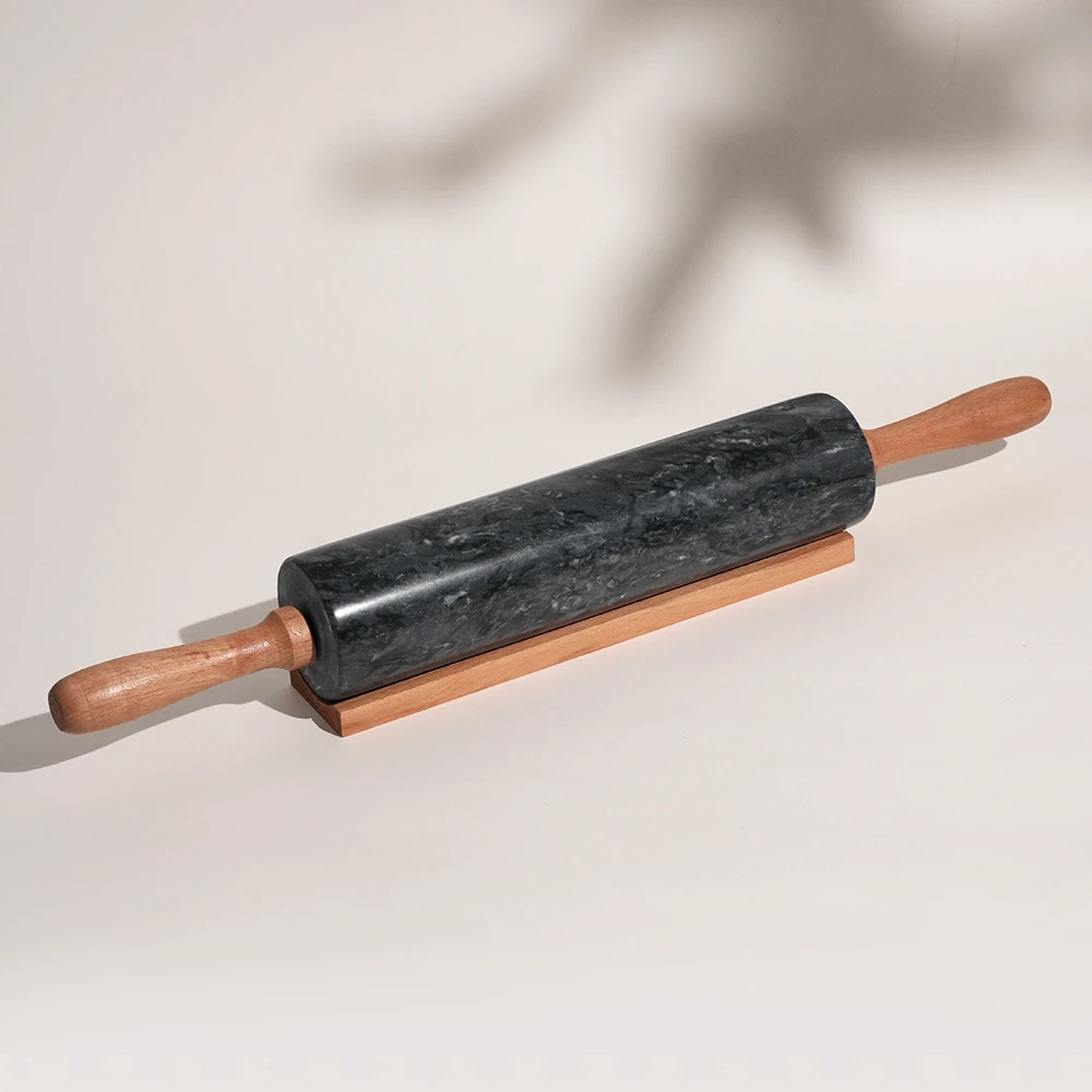 Dark Grey Marble Rolling Pin With Beech Handles And Base