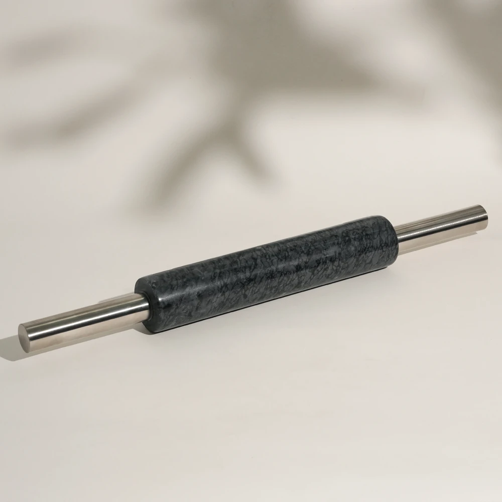 Dark Grey Marble Rolling Pin With Silver Metal Handles