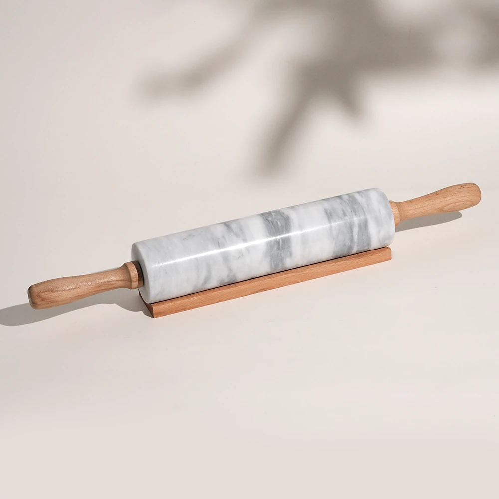 White Grey Marble Rolling Pin With Beech Handles And Base