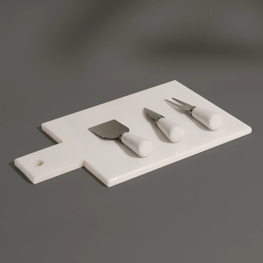 White Paddle Board With Set Of 3 Ceramic Handle Cheese Knives