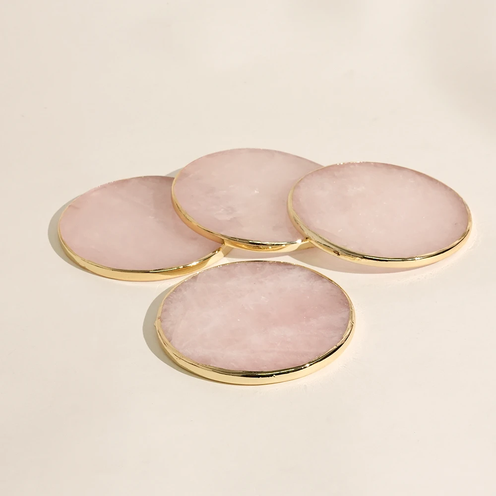 Set Of 4 Natural Rose Quartz  Round Coasters With Gold Edge