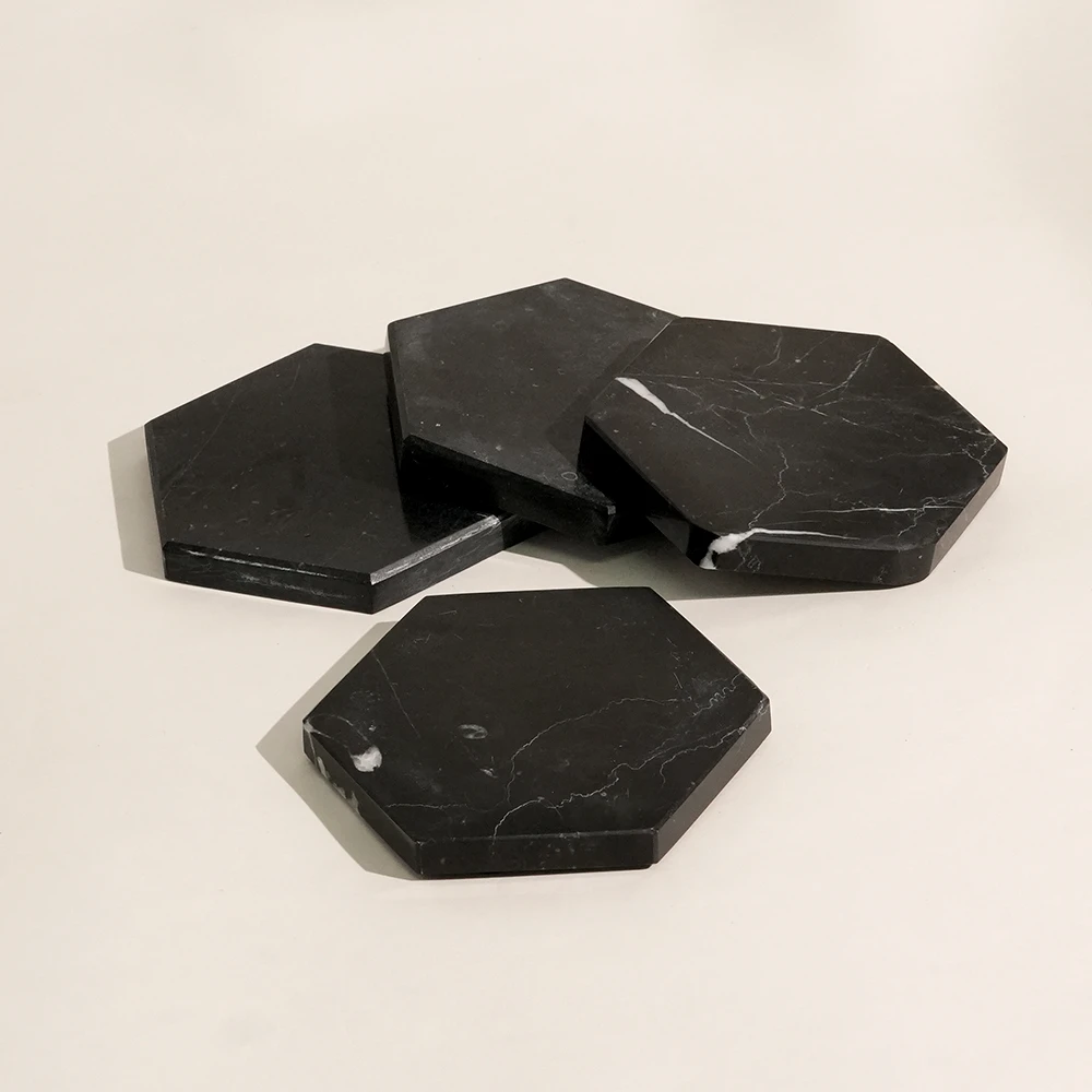 Set Of 4 Nero Marquina Marble Hexagon Coasters