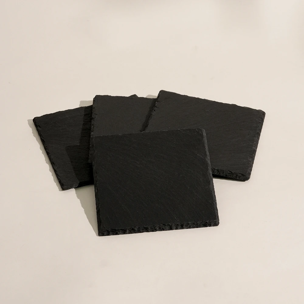 Set Of 4  Square Slate Coasters With Rough Edge
