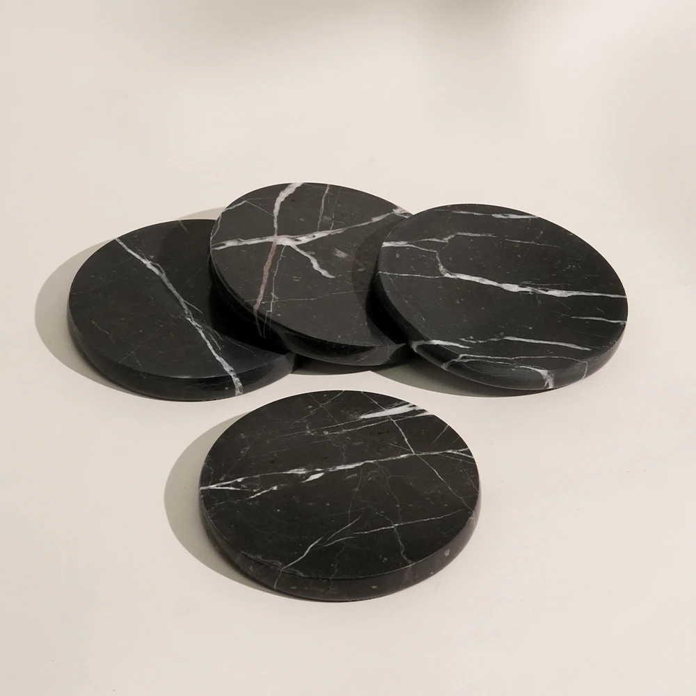 Set of 4 Nero Marquina Round Marble Coasters
