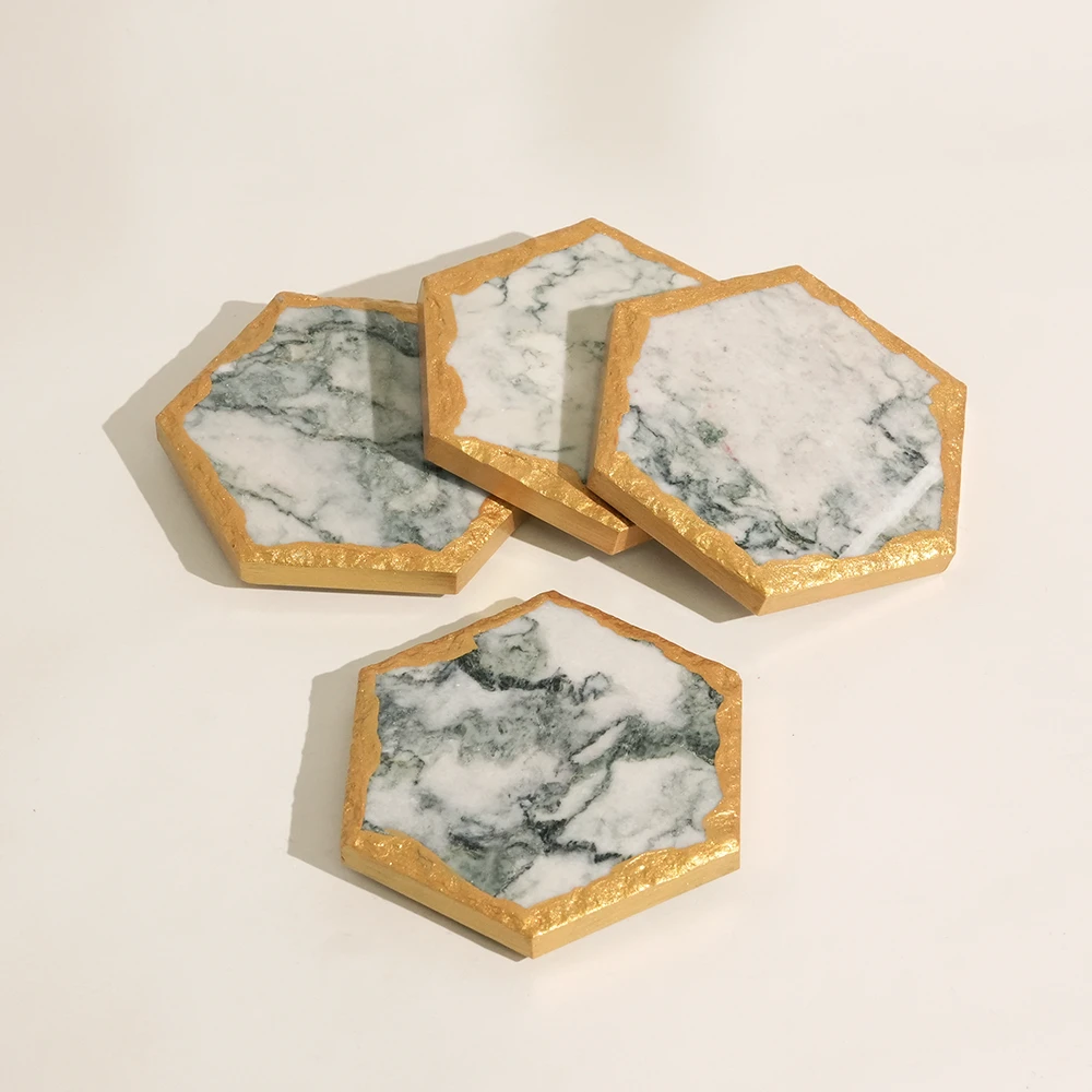 Set of 4  Lotus Green Hexagon Coasters with Gold Edge