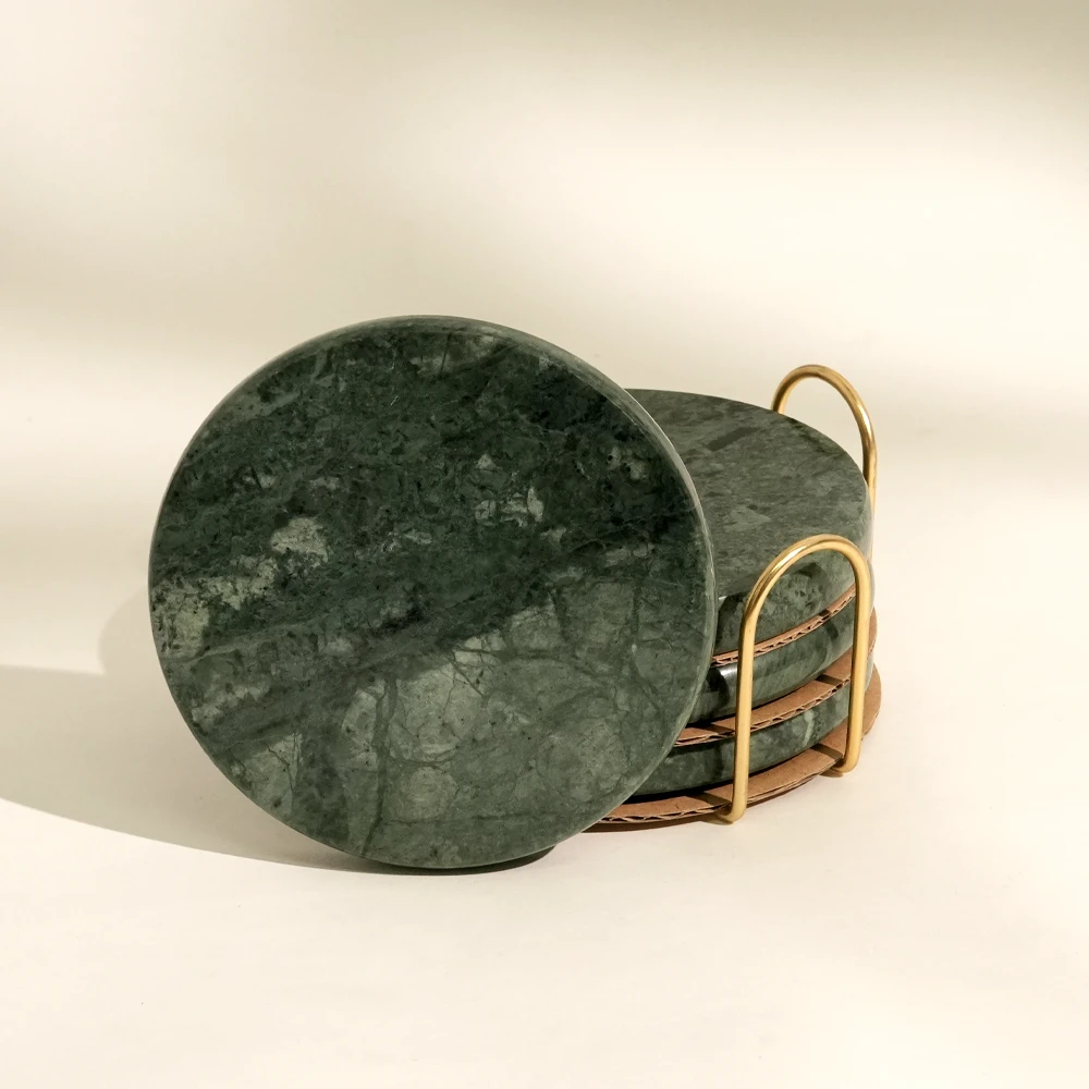 Set Of 4 Green Marble Round Coaster