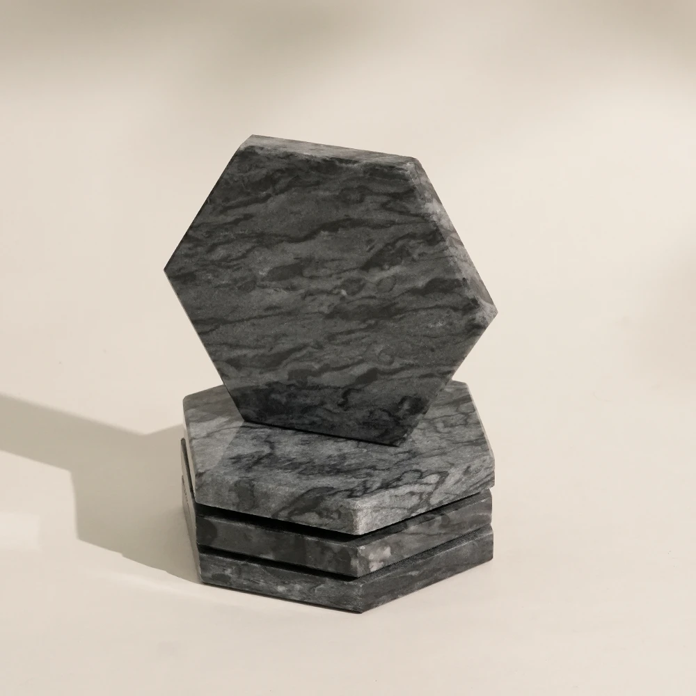 Set of 4 Dark Grey Marble Hexagon Coasters