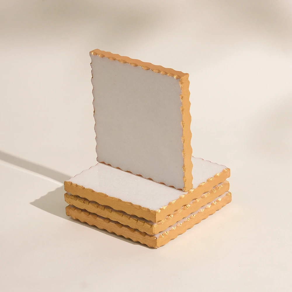Set Of 4 White Marble Coasters With Gold Edge