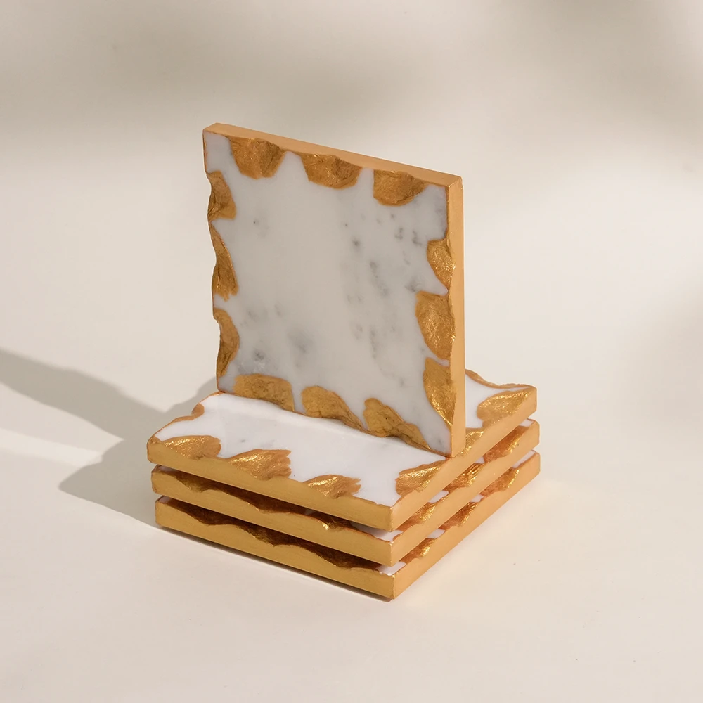 Set Of 4 White Marble Coasters with Glod Edge