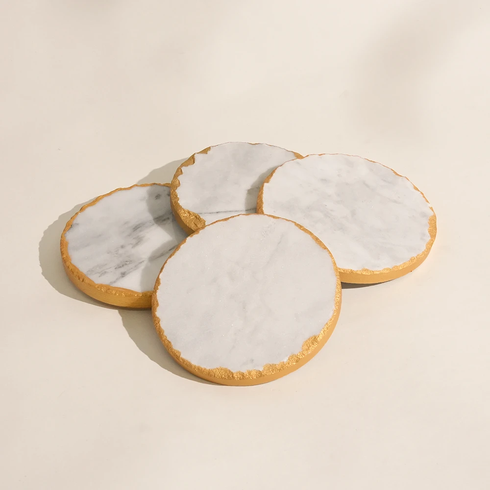 Set of 4 Light Grey Marble Coaster with Gold Edge