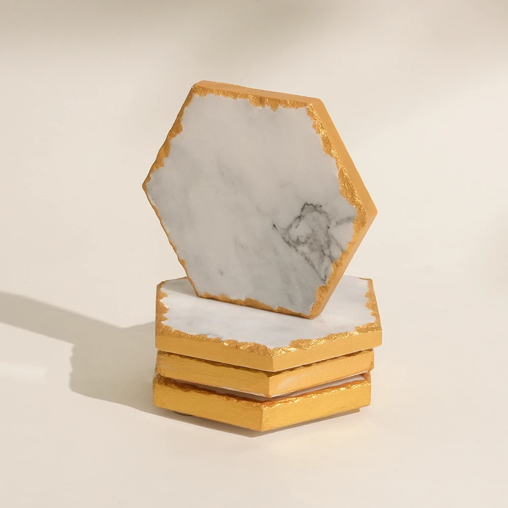 Set Of 4 Light Grey Marble Hexagon Coasters With Gold Edge