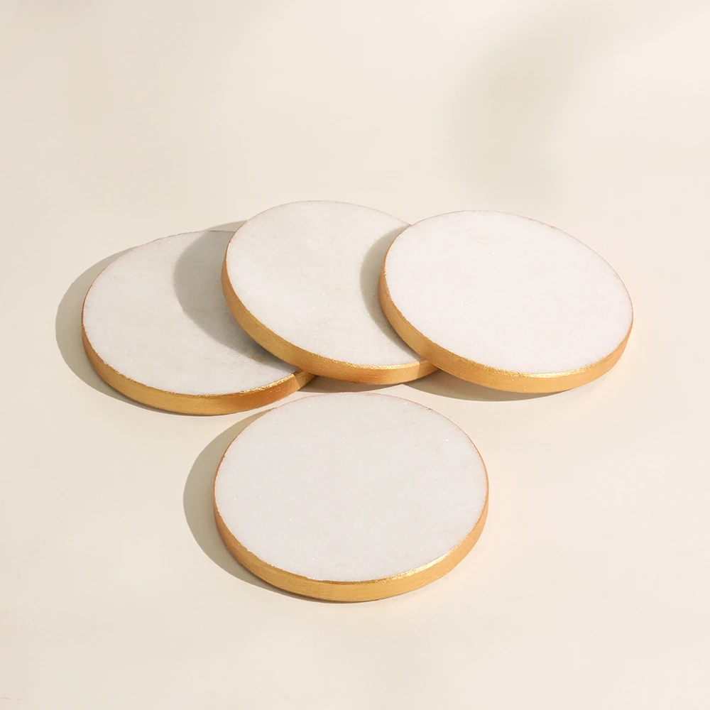 Set of 4 White Marble Round Coasters with Gold Edge