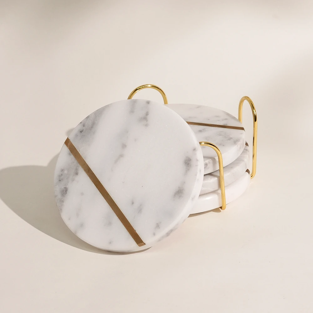 Set of 4 White Marble Coasters with Brass Inlay Line