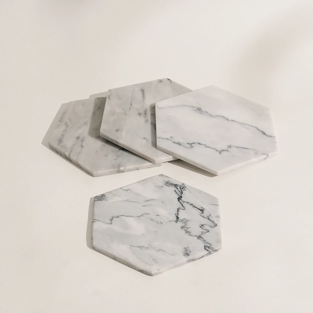 Set of 4 Light Grey Marble Hexagon Coasters