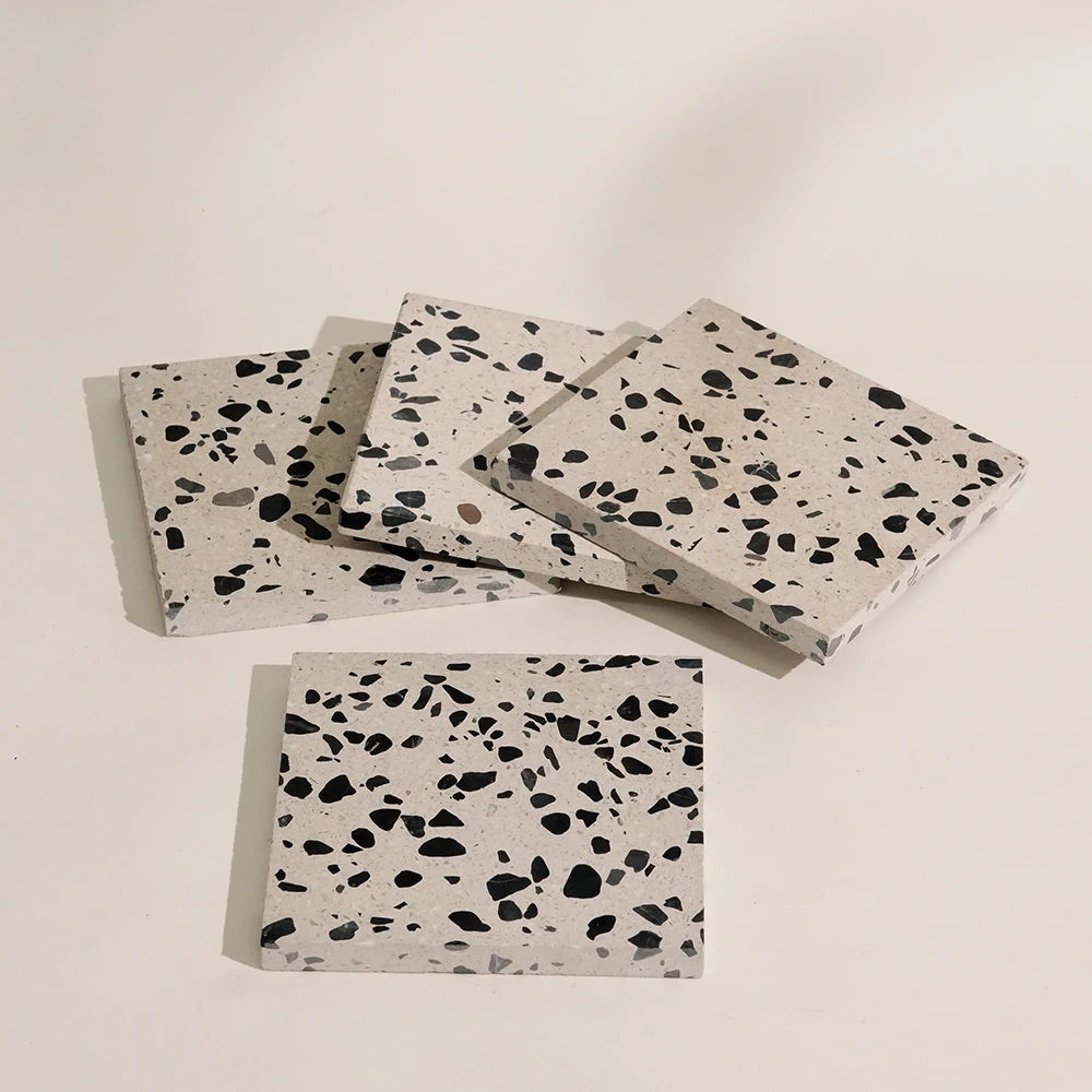Set of 4 Classic Black and White Terrazzo Square Coasters