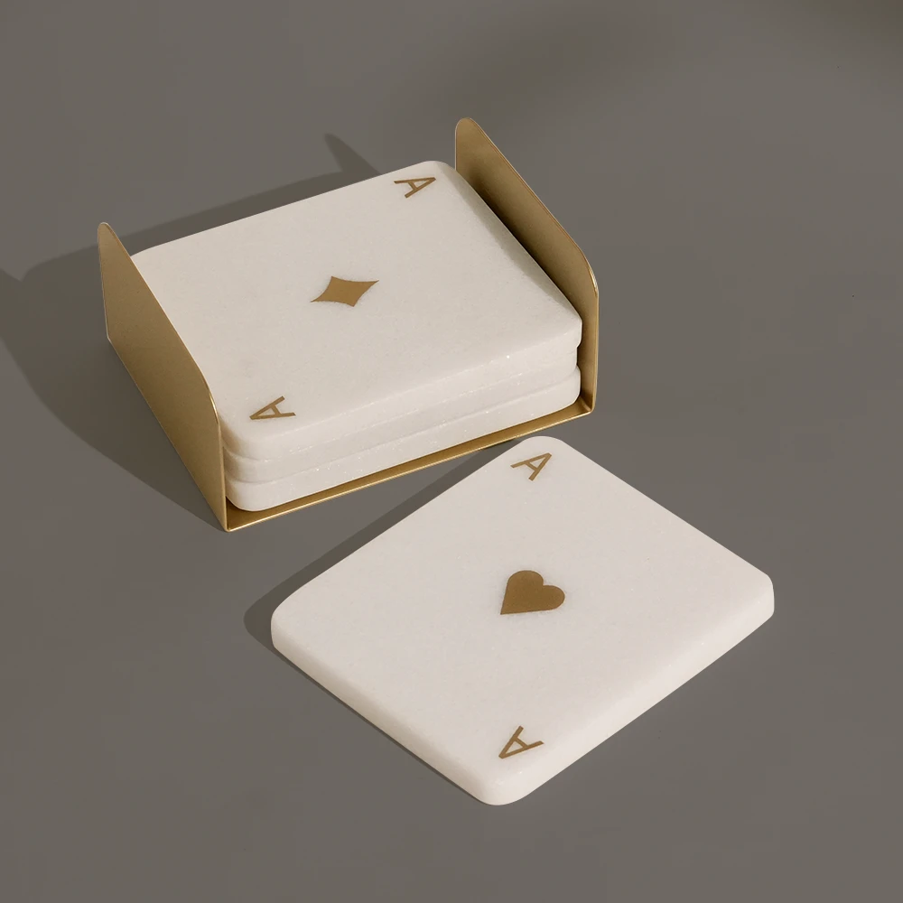Set of 4 White Marble Coasters With Gold "A" Pattern