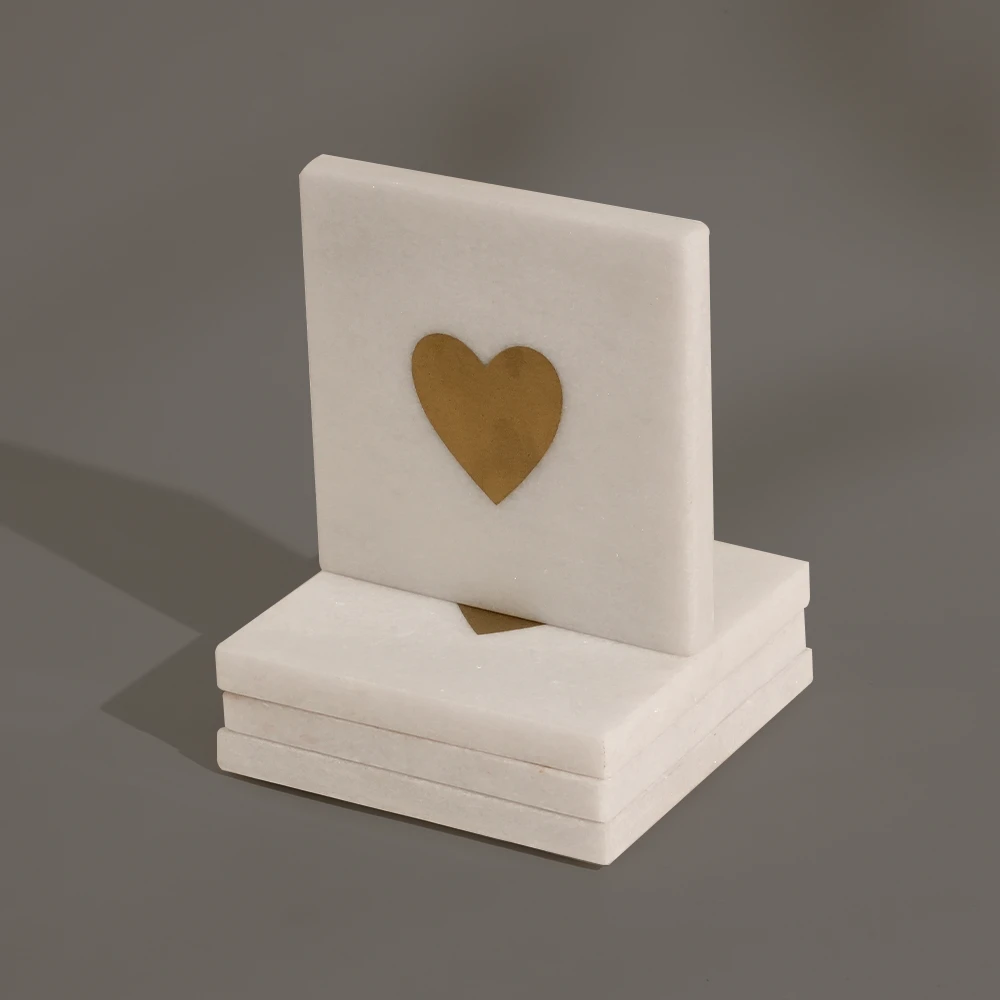 Set of 4 White  Square  Marble Coaster With Heart Printing