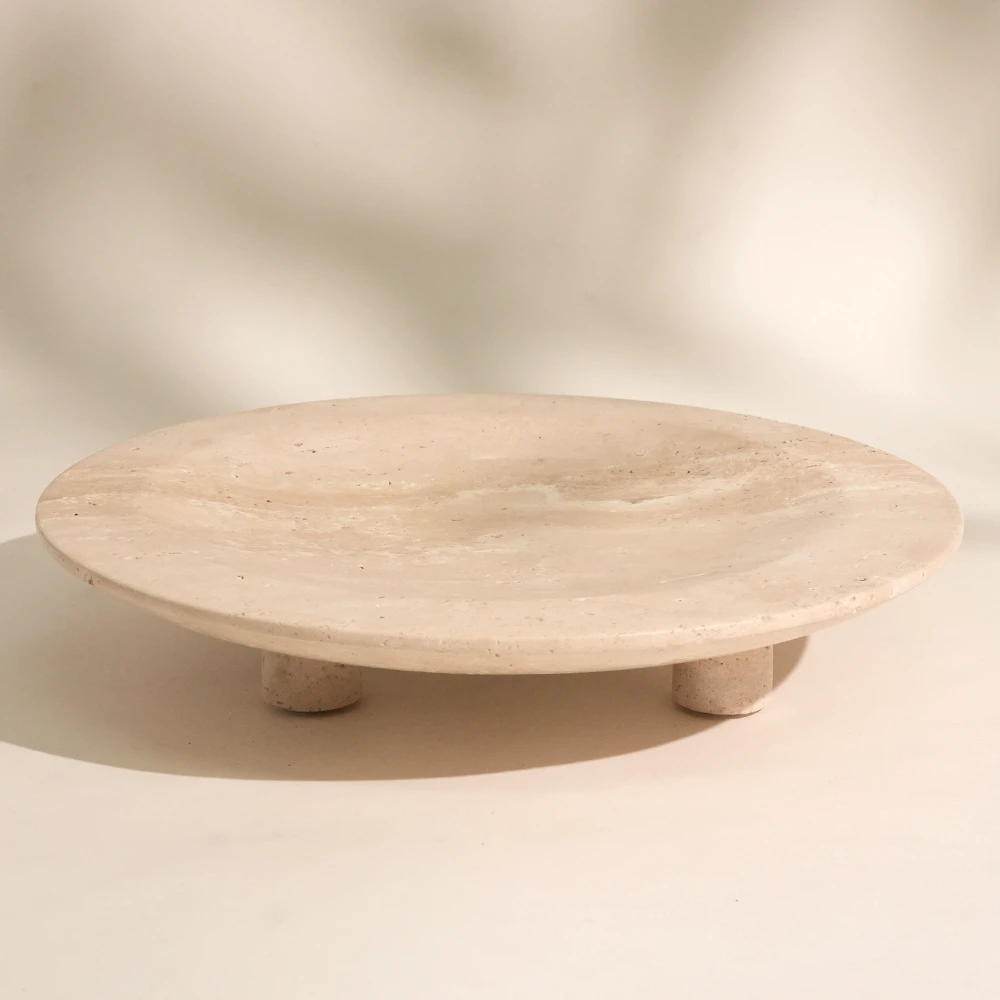 Round Beige Travertine Marble Fruit  Tray With 3 Legs