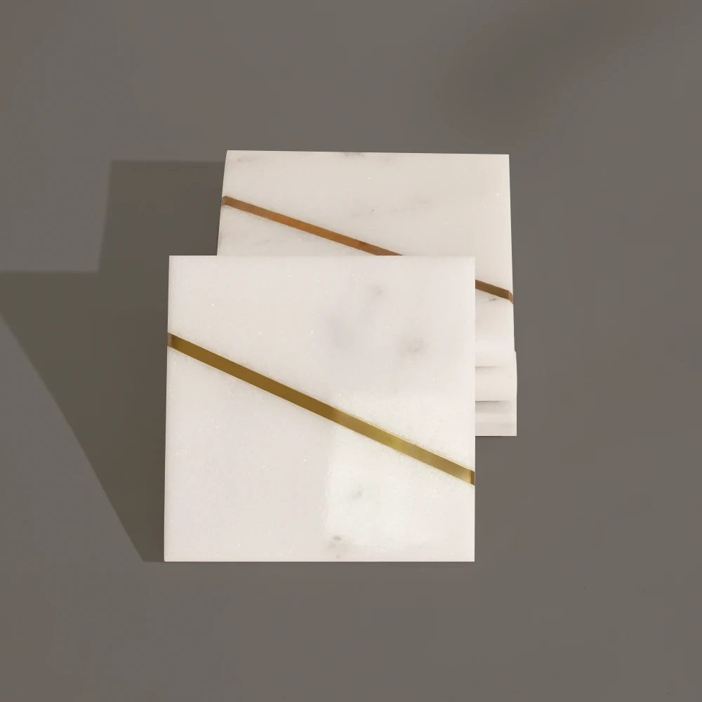 Set of 4 White Square Marble Coaster With Gold Line
