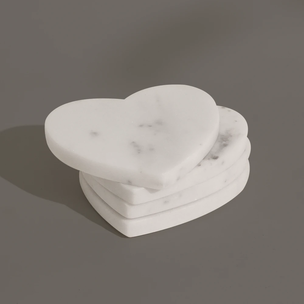 Set of 4 White Marble Heart Shape Coasters