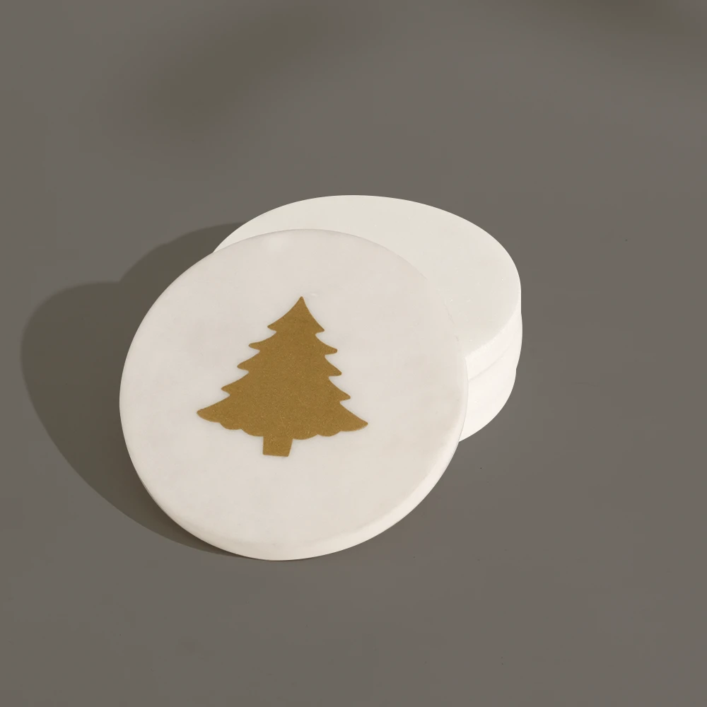 Set of 4 White Marble Coasters with Gold Christmas Tree Printing
