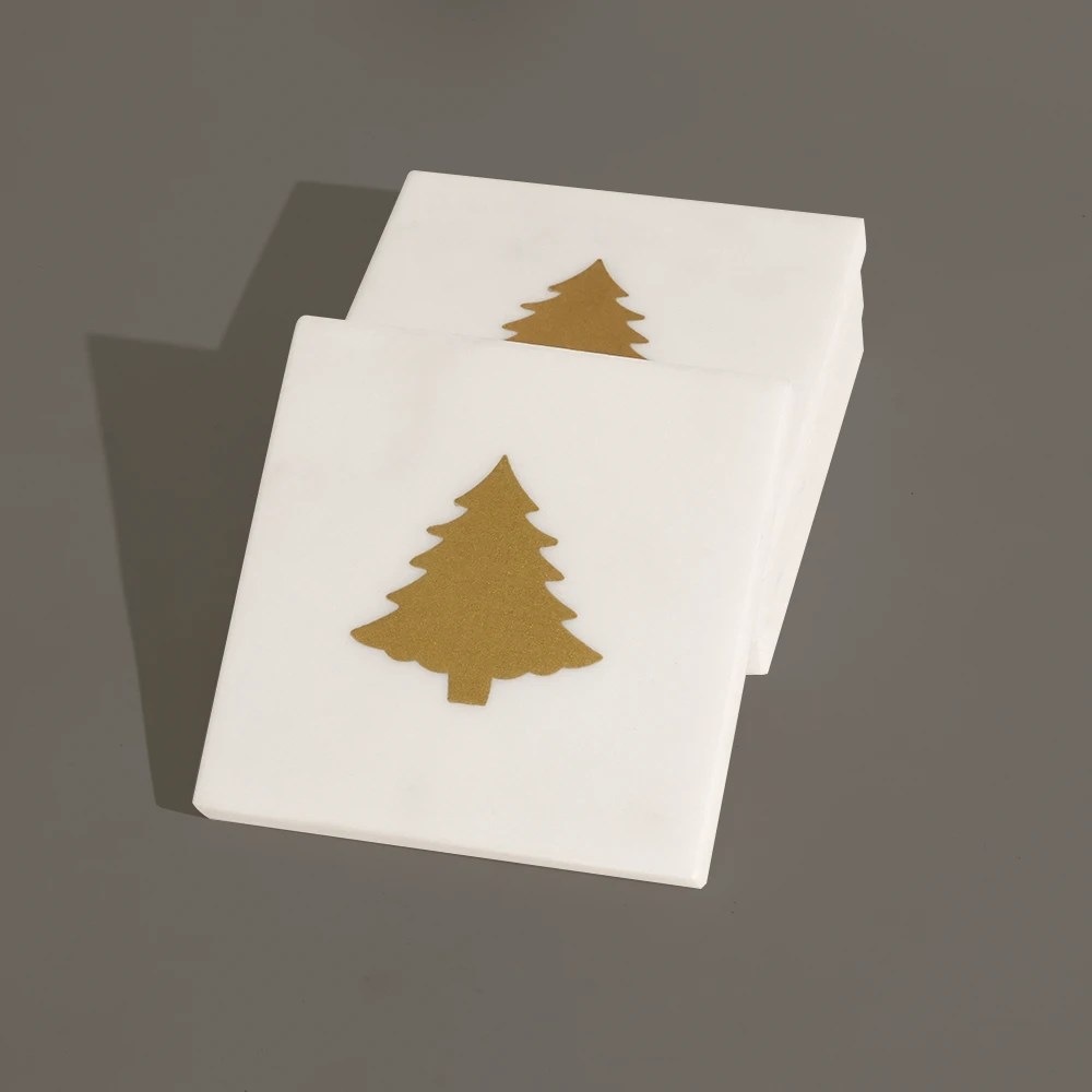 Set of 4 White Marble Square Coasters with Gold Christmas Tree Printing