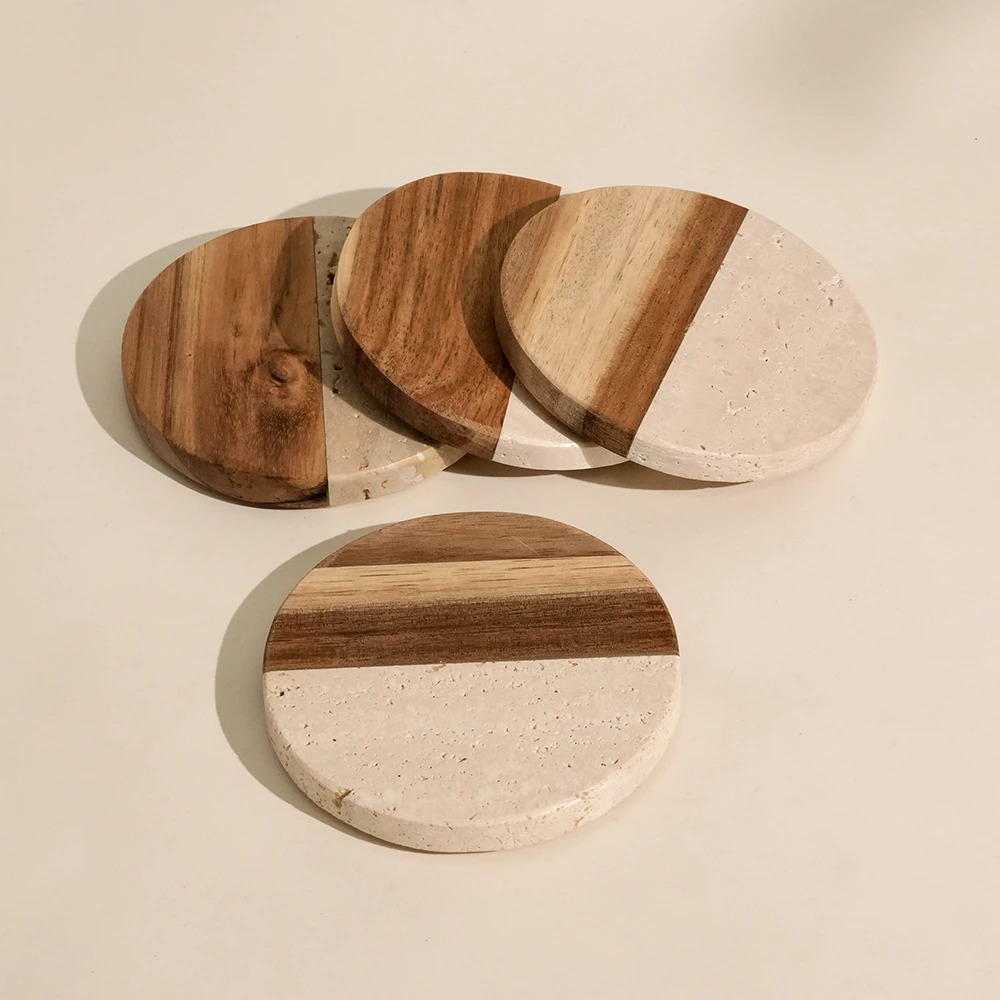 Set of 4 White Round Travertine& Acacia Wood Coasters