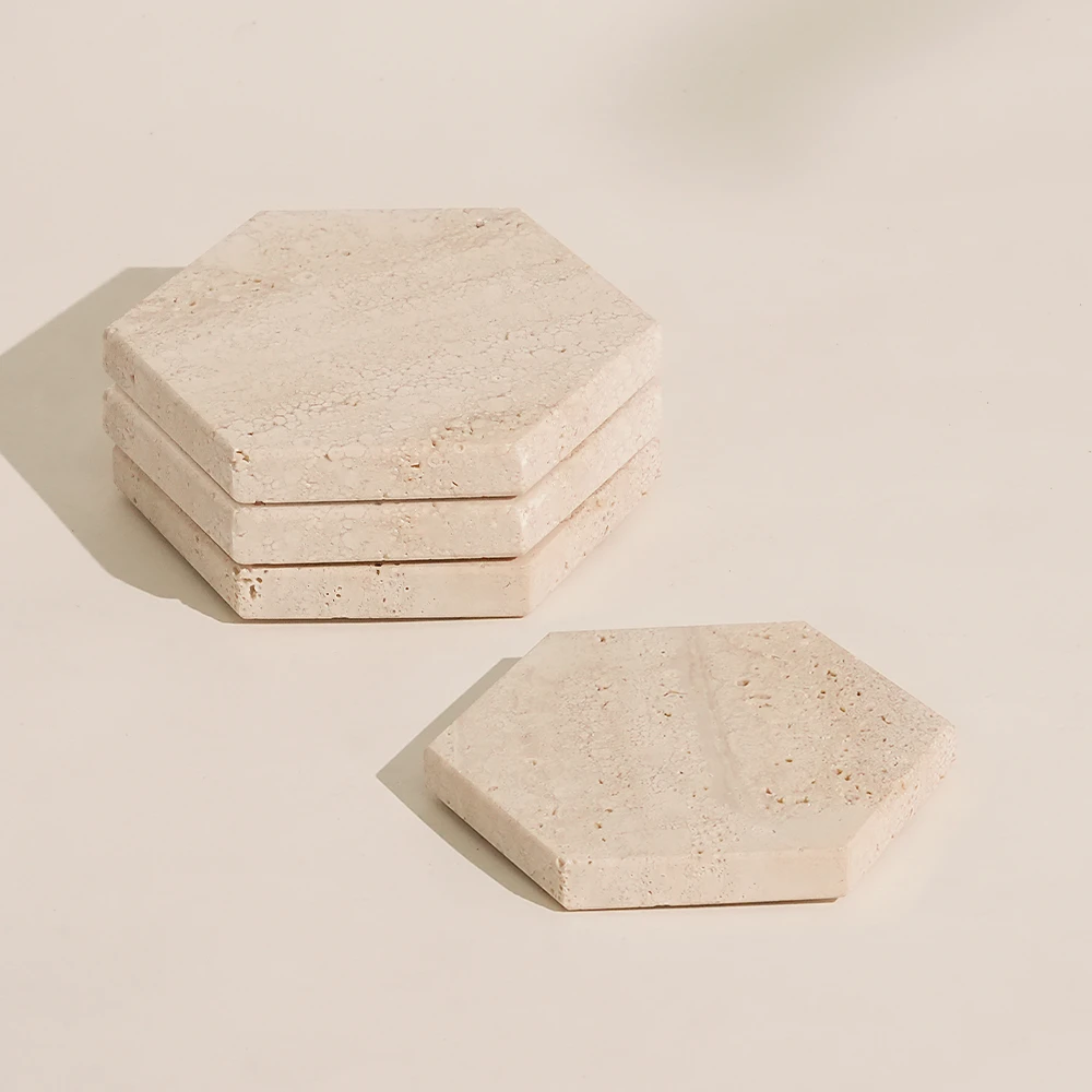 Set of 4 Travertine Hexagon Coasters