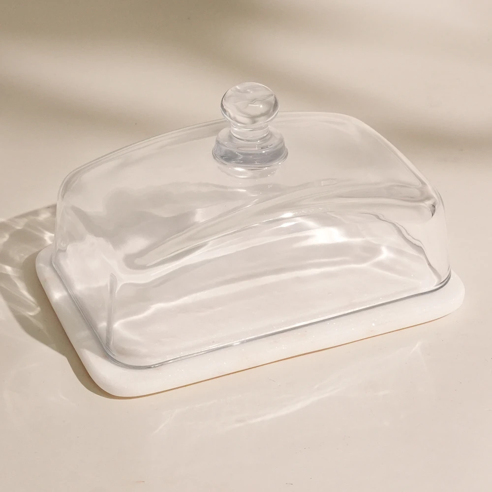 White Marble Rectangular Butter Keeper with Glass Dome