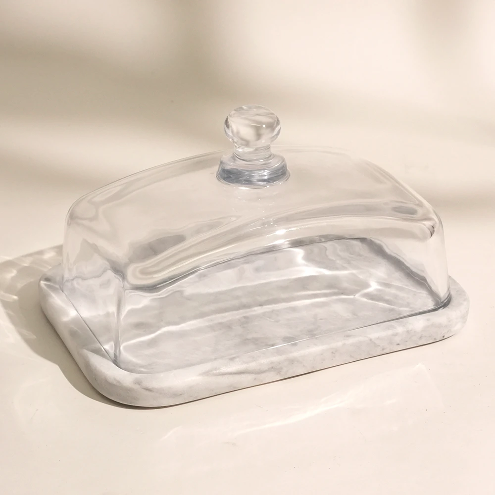White Grey Marble Rectangular Butter Keeper with Glass Dome