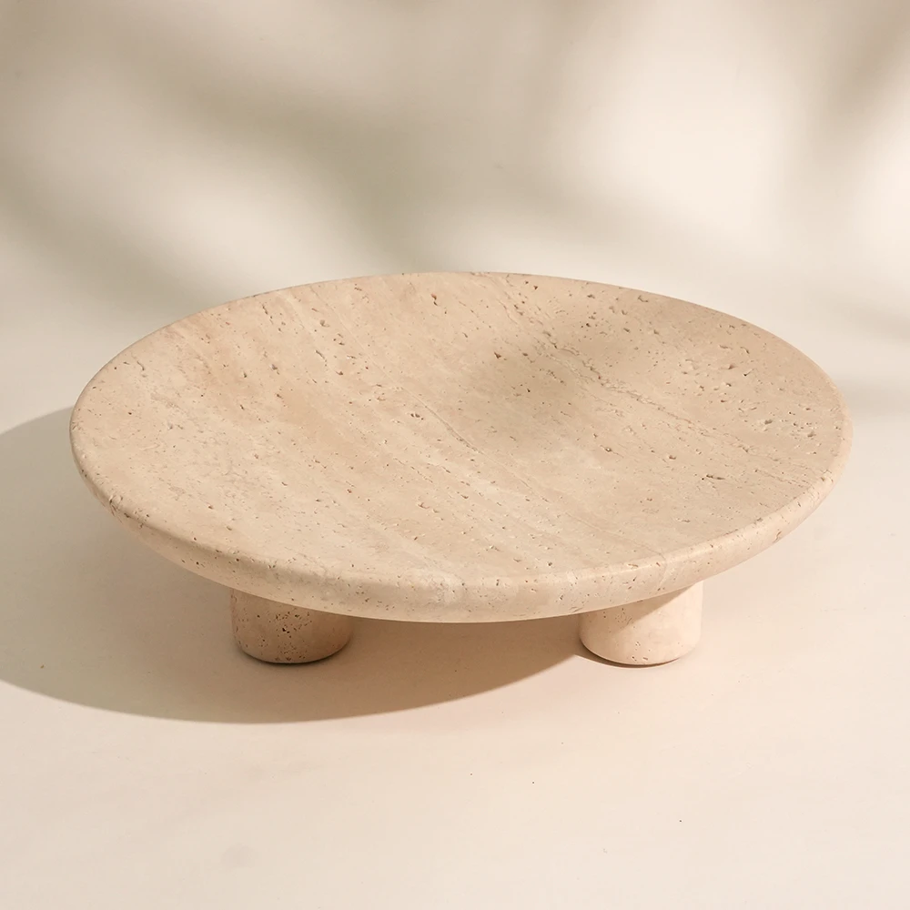 Round Beige Travertine Fruit Tray with 3 Legs