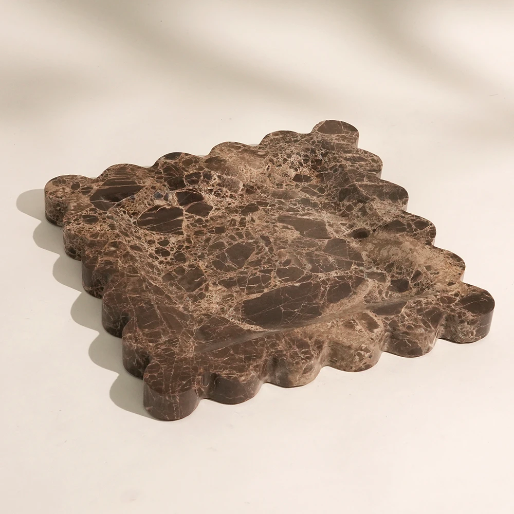 Luxury Dark Emperador Square Marble Tray with Wave Edge
