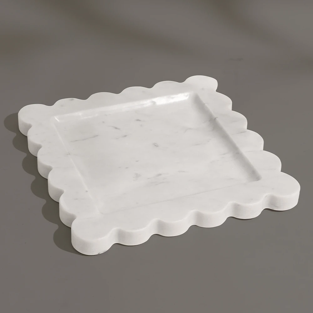 Carrara White Square Marble Tray with Wave Edge