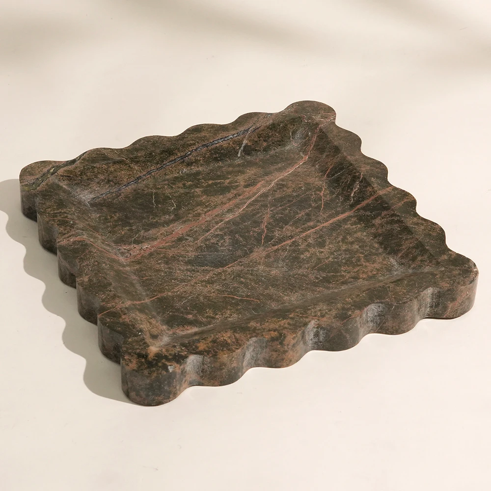 Luxury Forest Green Square Marble Tray with Wave Edge