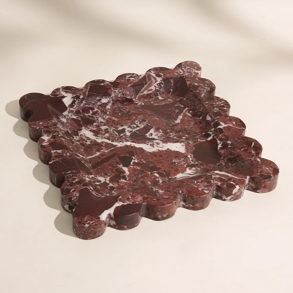 Luxury Rosso Levanto Square Marble Tray with Wave Edge