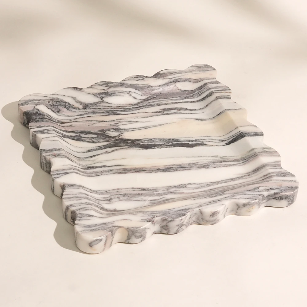 Italian Calacatta Viola Square Marble Tray with Wave Edge