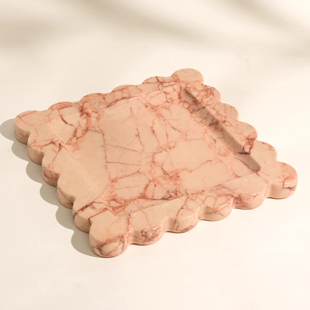 Luxury Bulgari Pink Square Marble Tray  with Wave Edge