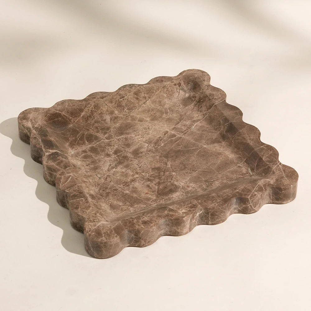 Luxury  Light Emperador Square Marble Tray with Wave Edge