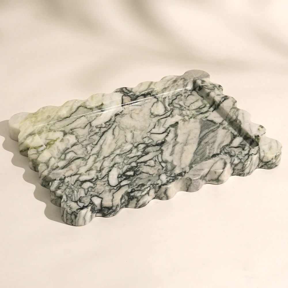 Green Emerald Rectangle Marble Tray with Wave Edge