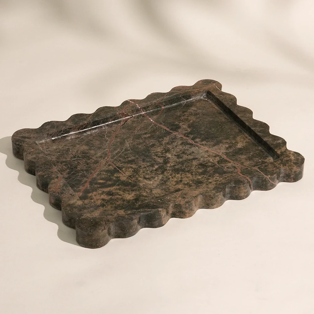 Rainforest Green Rectangle Marble Tray with Wave Edge