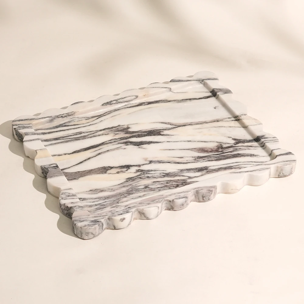Italian Calacatta Viola Rectangle Marble Tray with Wave Edge