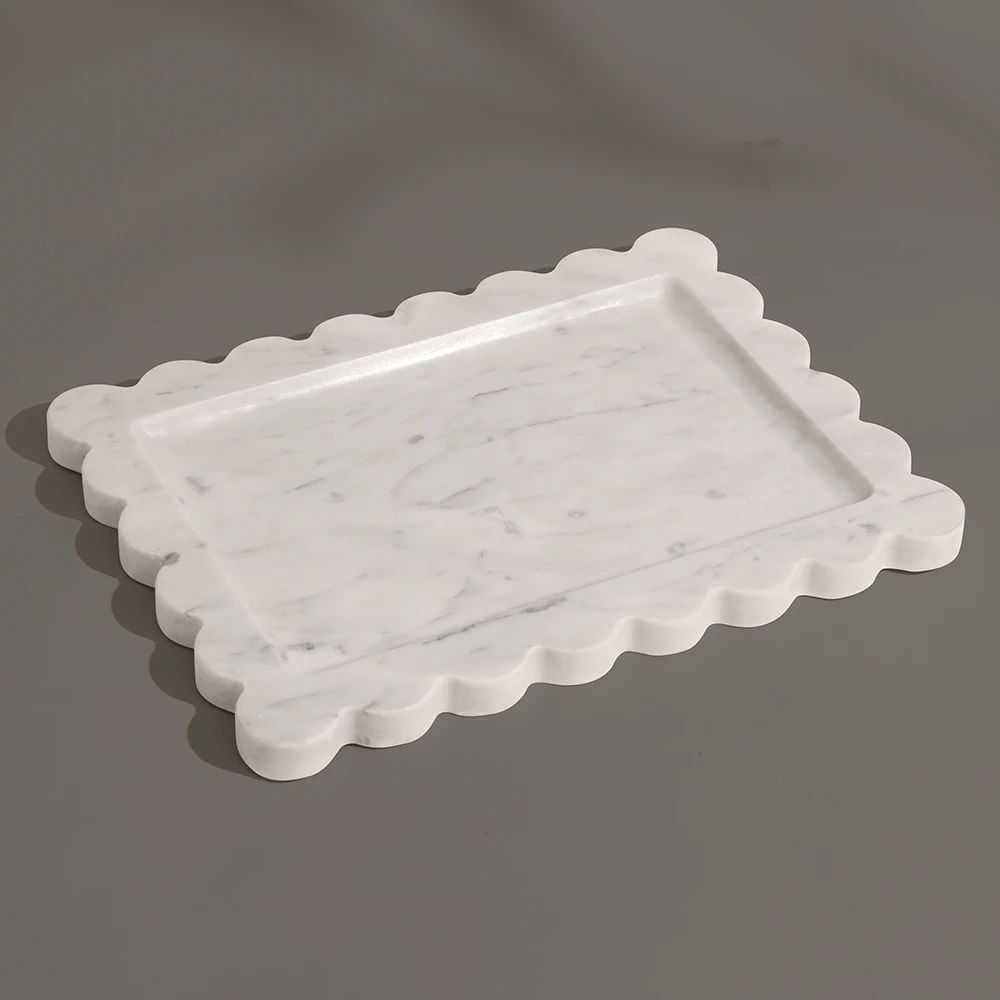 Carrara White Rectangle Marble Tray with Wave Edge