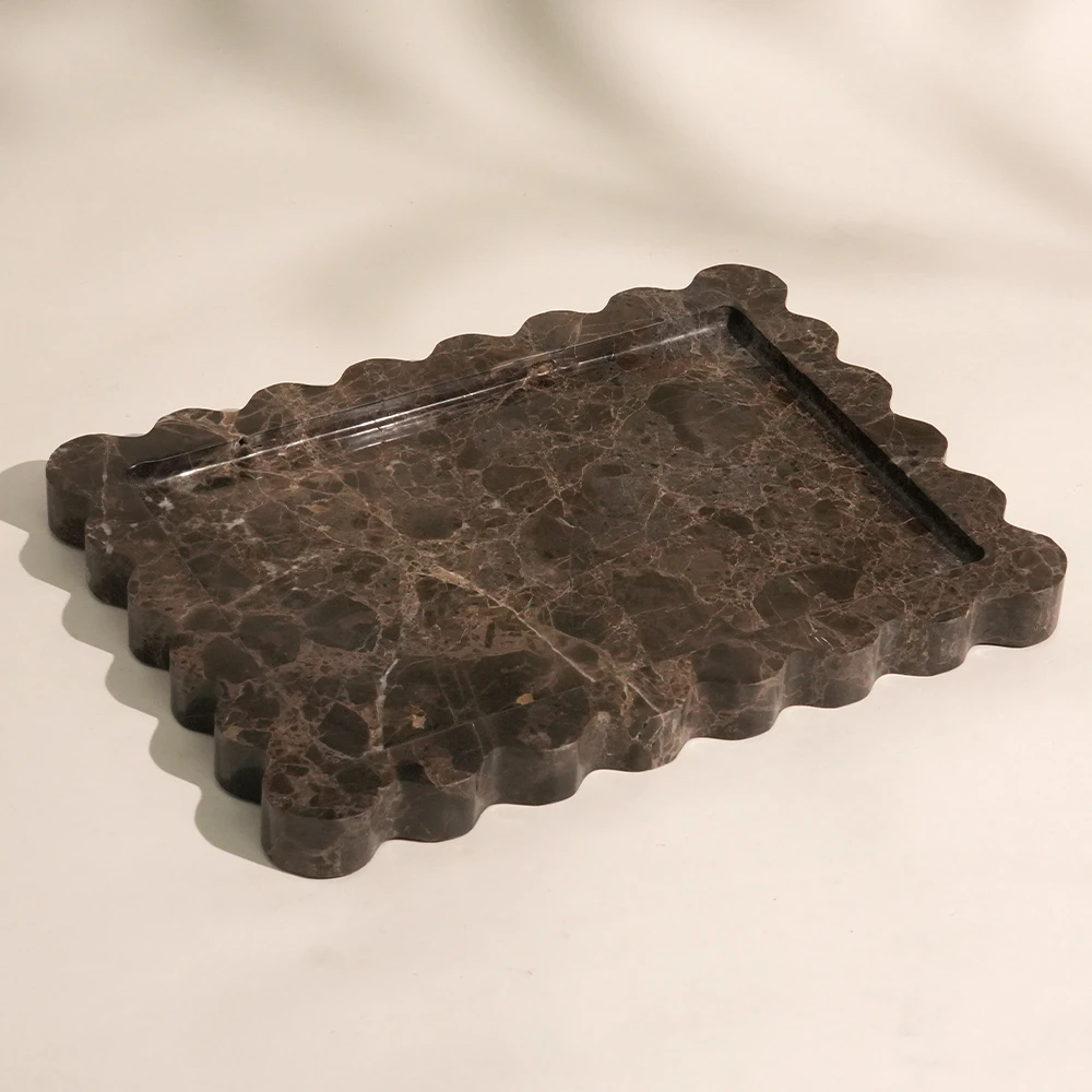 Dark Emperador Rectangle Marble Tray with Wave Edge