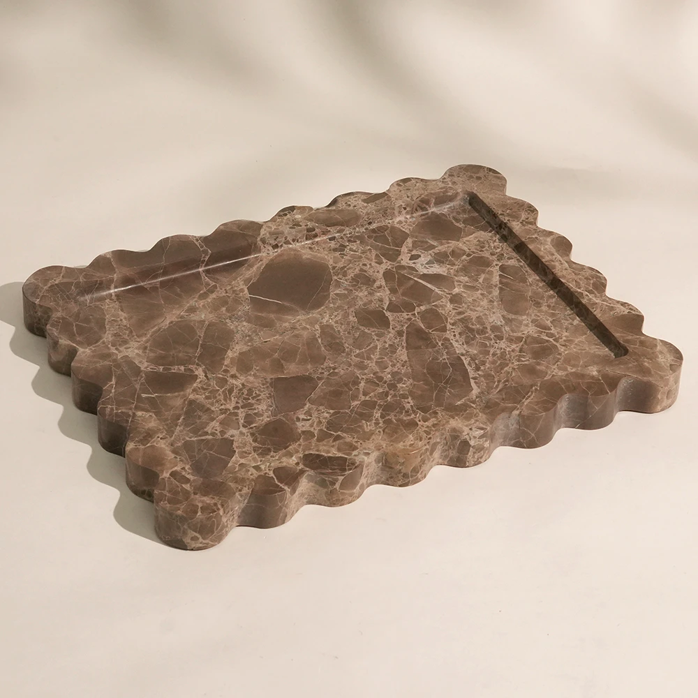 Emperador Rectangle Marble Tray with Wave Edge